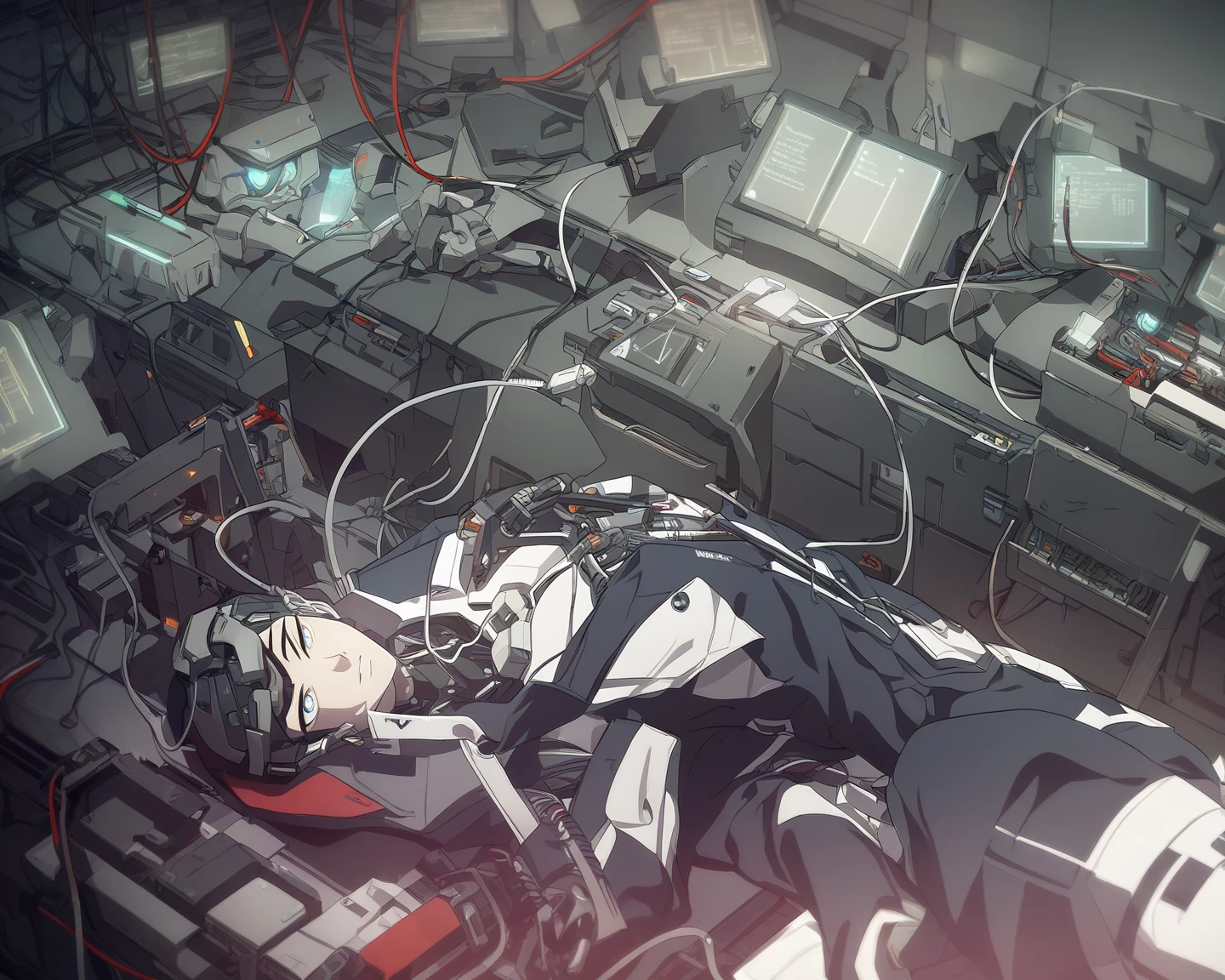 by dino, 1girl, solo, intravenous drip, lying, long hair, blood bag, on back, white hair, bandages, sheet grab, hospital bed