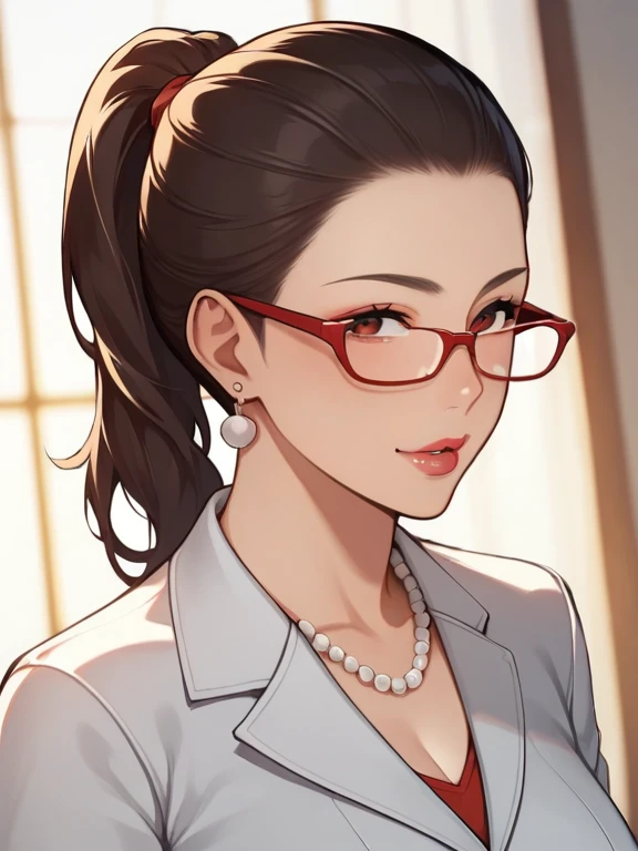 Portrait of a 40 year old Vietnamese woman Doctor wearing a gown in a luxurious office room