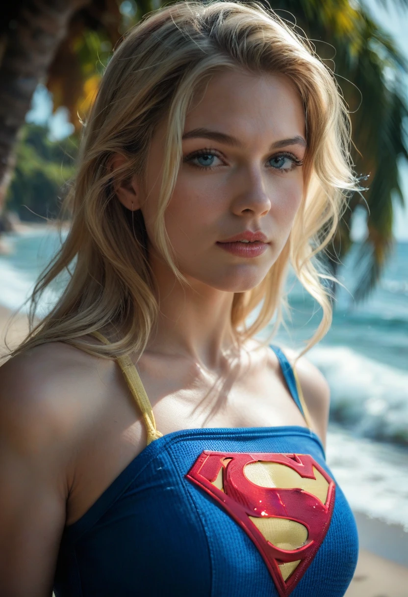 blonde woman with blue eyes facing front (freckles) (supergirl dress) bare shoulders (hands on the back of the neck)