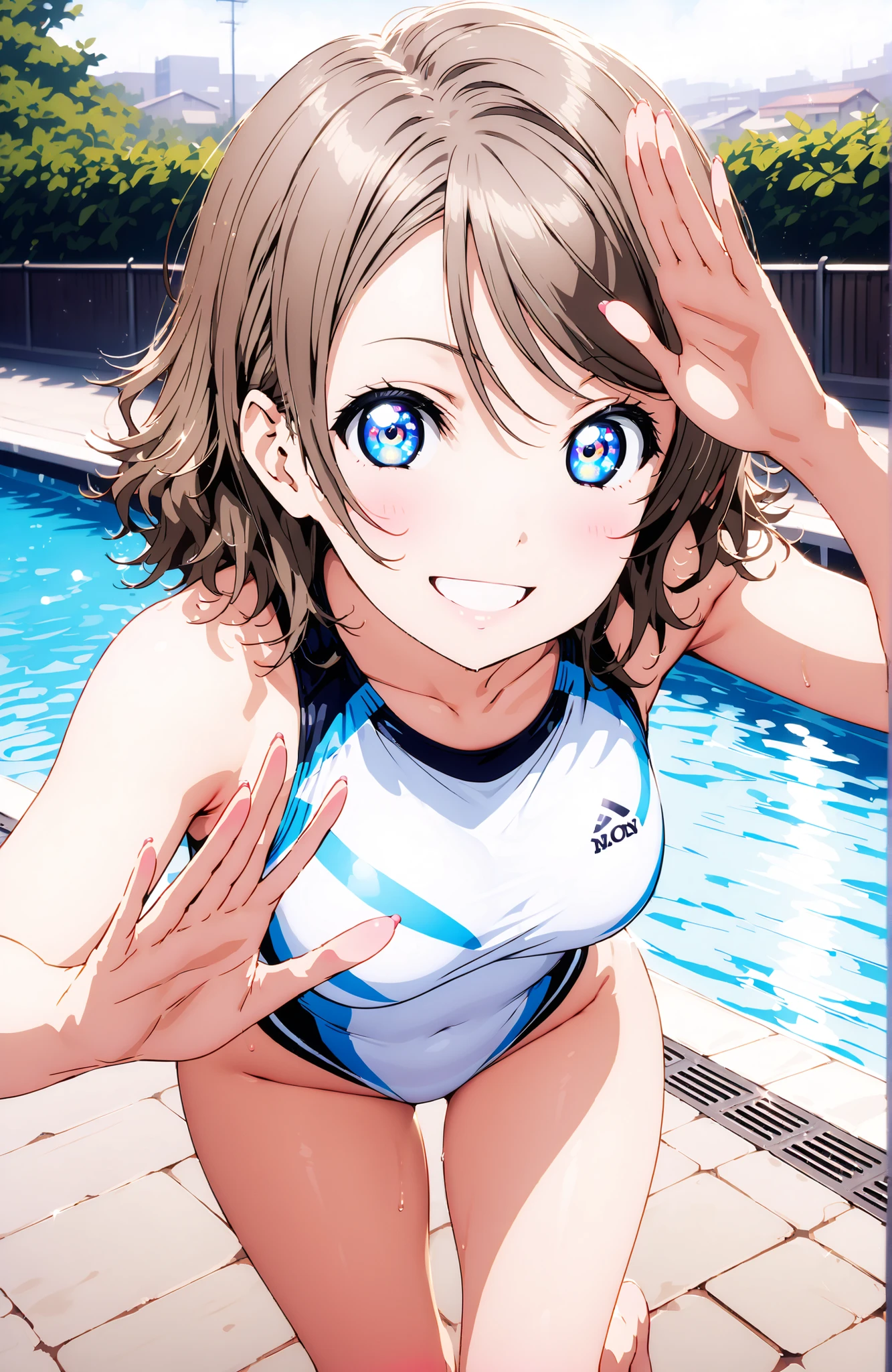 solo, 1 girl, Watanabe, short hair, medium breasts, Hair,blue eyes,smile,blush,grinning,
competitive swimsuit,standing,Bare legs,She is holding a bouquet of flowers with her left arm,is in a salute pose with his right hand,プールサイドにstanding,noon,full bodyがillustrationsに入るように,break indoors,Swimming Pool,
break looking at viewer,full body,
break (masterpiece:1.2), best quality, high resolution, Unity 8k 壁紙, (illustrations:0.8), (beautiful detailed eyes:1.6), Highly Detailed Face,  perfect lighting on the table, extremely detailed CG, (perfect hand, perfect anatomy),,