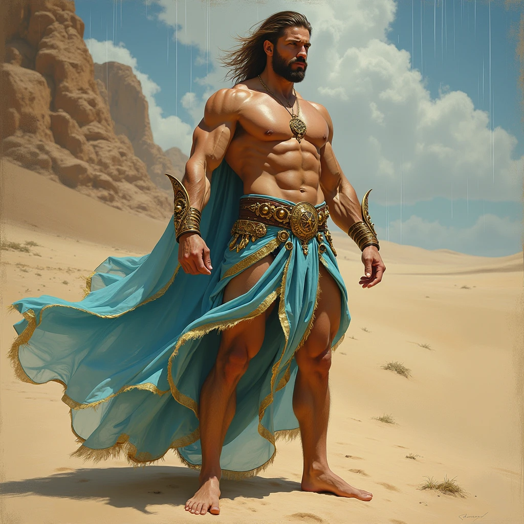 (an incredibly beautiful),(best illumination, golden light, brightly shining),(a handsome hugely muscular tanned warrior man with a tiny waist and tattoos over his whole body),(surrounded by voluminous sheer transparent turquise gauze fabric:1.2),(naked:1.5),(bronze arm armour),(walking over dunes),(gazing), alluring stance