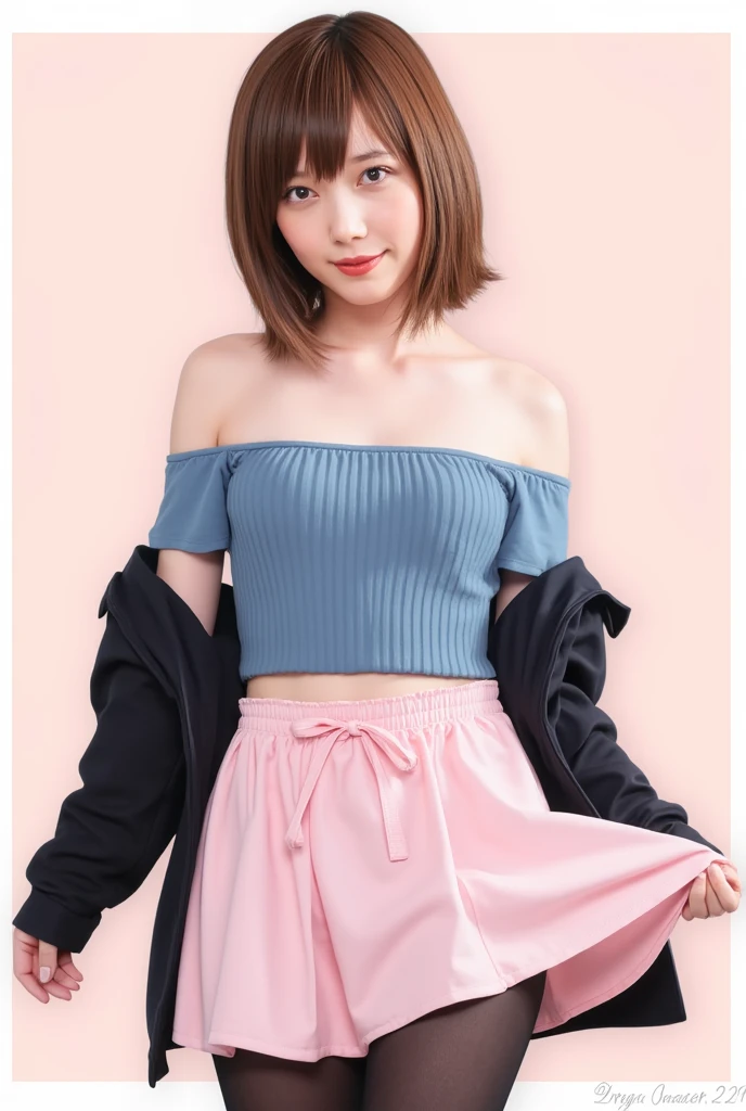 （8K、Raw photography、highest quality、masterpiece：1.2),(black haired、very short hair:1.8),(twin mitsu braid:1.4)、show viewer,Looking at the front,erotic,白いskin,(she is wearing pink and light blue clothes 。.:1.7)、()、(Clothing that emphasizes the shape of your chest、publish one&#39;skin:1.8)、(big breasts :1.4)、slim body shape、ultra high resolution,beautiful,beautiful fece,(alone、no background:1.9),whole bodyボディー,japanese woman,（Photoreal：1.37）、photon mapping,reality、(Baby-faced and cute: 1.1)、(cute smile: 1.7)、(With a round face: 1.7)、radio city、Physically based rendering、depth of field rally background、photograph, (I can see your knees,plaid skirt、spread your legs wide、I can see white panties、close up of thighs:1.6),whole body、super fine