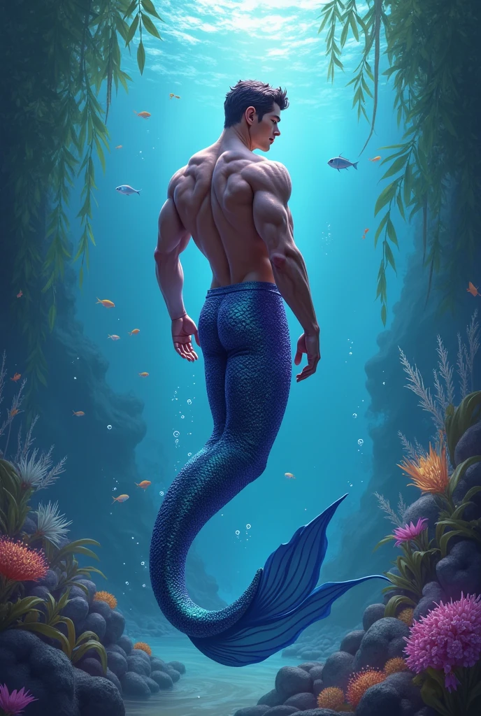 there is a man that is standing on a mermaid tail, inspired by Adam Dario Keel, mermaid body, ariana grande as a mermaid, mermaid tail, emma watson as sea mermaid, handsome stunning realistic, shirtless :: high detail, mermaid, emma watson as a mermaid, inspired by Ludovit Fulla, dnd triton, kristen bell as a mermaid, fish tail