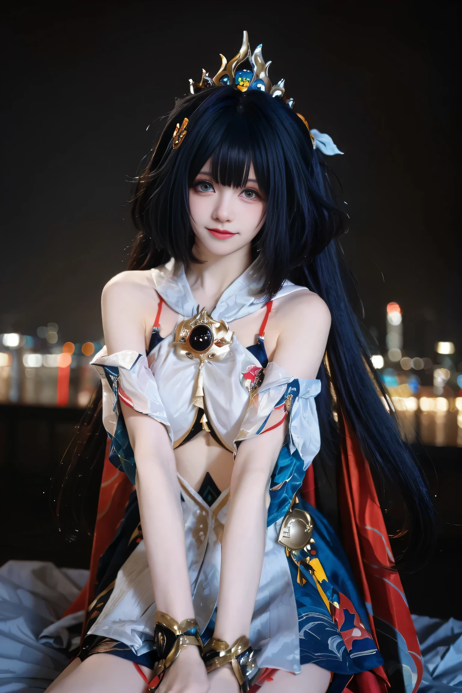 sparkle cosplay costume, cosplay, twintails, dress, Sakura-themed cosplay under a moonlit night, cherry blossoms glowing with soft pink lights, fox mask resting on head, sandals visible on wooden flooring, charming smile, twintail hairstyle flows with the wind, glowing lantern beside her, soft moonlight caressing her skin, ultra-detailed, movie-like atmosphere, HDR lighting, (cowboy shot), red and gold outfit sparkles under the light, full sensual elegance, Unity 8K CG, romantic night setting