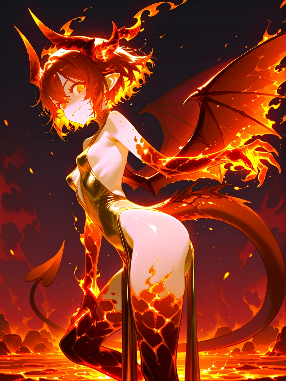 ((masterpiece, best quality)), Delicate face,Demon King,Arrogant expression,Full body painting,Hell Blaze,Surrounded by flames,spark,Perfect body proportions,Long legs,Pretty golden eyes,Fantasy style,White background,Extremely beautiful,Gauze,transparent,Sexy bikini,Lace,exposed