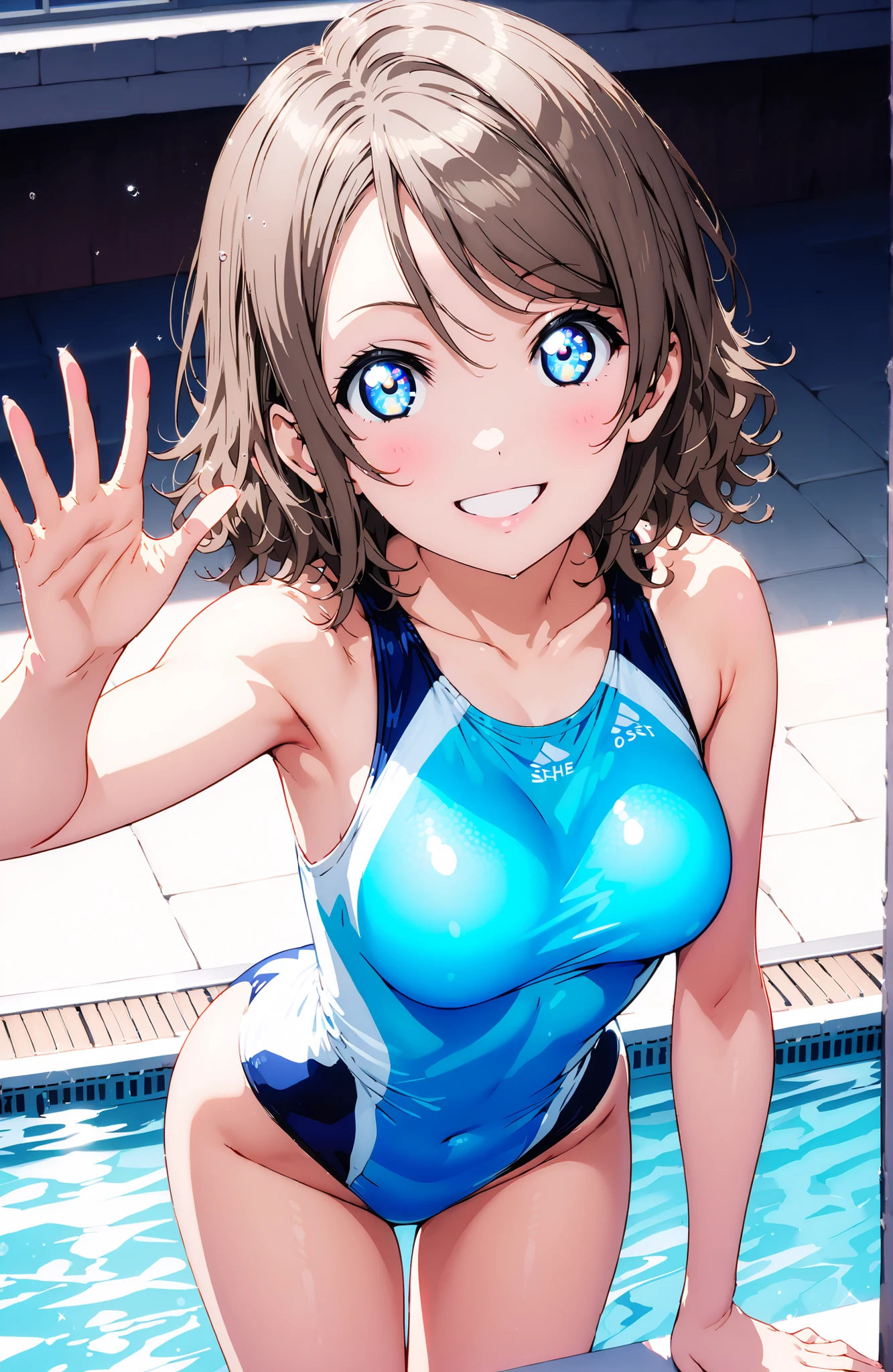 solo, 1 girl, Watanabe, short hair, medium breasts, Hair,blue eyes,smile,blush,grinning,
competitive swimsuit,standing,Bare legs,She is holding a bouquet of flowers with her left arm,is in a salute pose with his right hand,プールサイドにstanding,noon,full bodyがillustrationsに入るように,break indoors,Swimming Pool,
break looking at viewer,full body,
break (masterpiece:1.2), best quality, high resolution, Unity 8k 壁紙, (illustrations:0.8), (beautiful detailed eyes:1.6), Highly Detailed Face, perfect lighting on the table, extremely detailed CG, (perfect hand, perfect anatomy),,