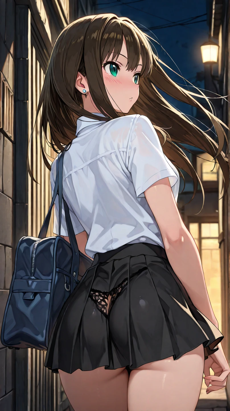 ((masutepiece, Best Quality, hight resolution, nffsw, Perfect Pixel, 4K, nffsw, nffsw))), 1girl in, Single, Solo, Beautie、full body seen、 ((Middle Wave Hair, Bangs, Brown hair)), ((Brown-eyed, Beautiful eyelashes, Realistic eyes)), ((Detailed face, Blushing:1.2)), ((Smooth texture:0.75, Realistic texture:0.65, Photorealistic:1.1, Anime CG style)), medium breasts, Dynamic Angle, Perfect body, ((red bowtie, School uniform, Black jacket, Open jacket, Brown cardigan, White shirt, Black skirt, plaid skirts)), City staircase、Looking up from the bottom of the stairs、Very embarrassing panic smile, turned around、bending forward、(The wind flipped my skirt and exposed my butt.......................、Touching the buttocks with both hands、Light pink floral lace panties)、