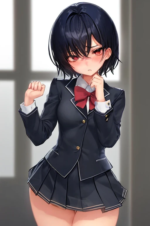 one girl, black hair, short hair, blue eyes, high school student, school blazer, naive, slender, necktie, foggy, aphrodisiac, open mouth, drool, cute, nsfw, small breasts, cowboy shot