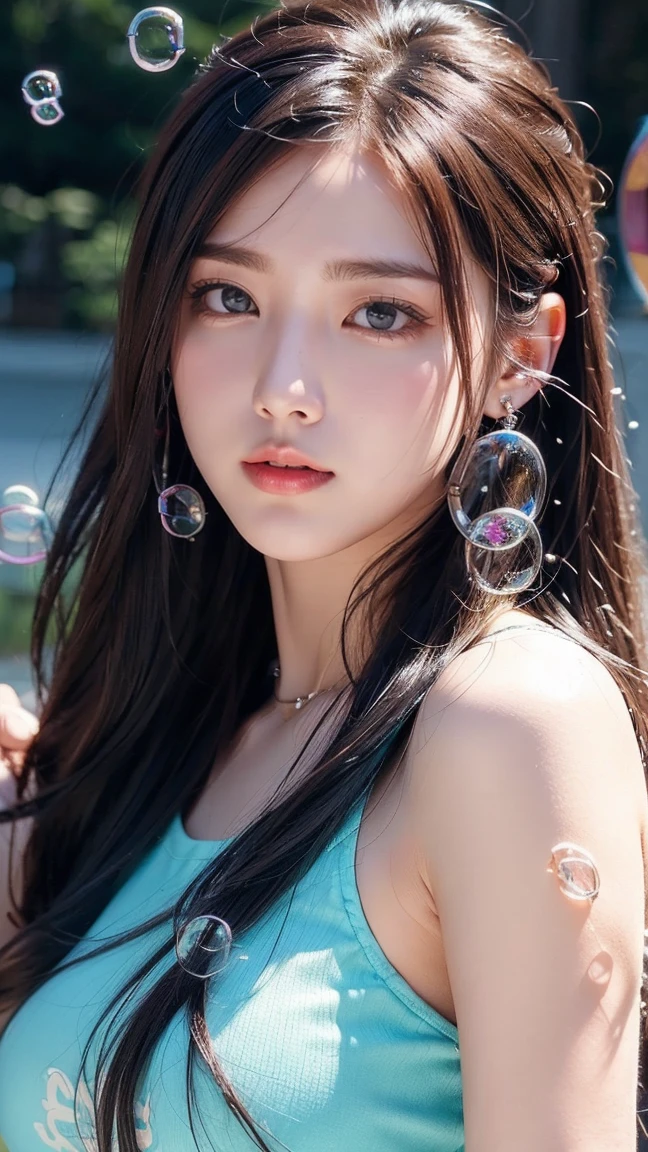 (2 pure Japanese girl,), (Small breasts:1.5,),(solo,,Textured skin, Detailed skin,Detailed face,Detailed eyes,detailed posing,Natural eyebrows,Sparkling Eyes,High detail, Highest quality, Super detailed, Surrealism, ,8k,RAW Photos,Photographicism,Professional Lighting,Ray Tracing,Portrait Photography,Soft Light),((Black Hair, Natural Makeup,Simple earrings, Half Up,Tank top,Bra flashing)),(((Soap bubble,Playing with soap bubbles,Overexposure,Riverside,Composition with the whole body)))