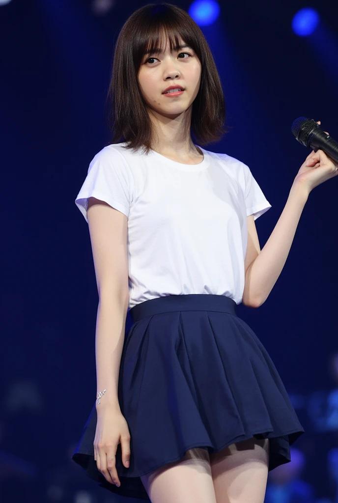 (highest quality,masterpiece:1.3,Ultra-high resolution),(Super detailed,Caustics,8k), (Photorealistic:1.4, RAW shooting),darkness,On stage,Japanese,20-year-old,smile,Natural Makeup,Black Hair Middle Hair,Black Shirt,Big Breasts,Spotlight,Waist up shot