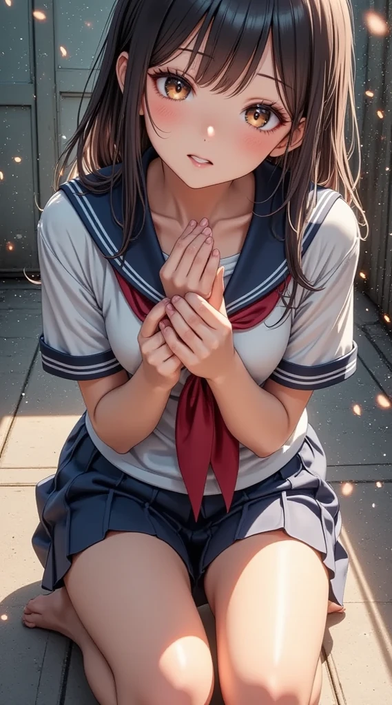 SFW,(8k, RAW photo, best quality, masterpiece, soft cinematic lighting, soft color:1.6),(ideal ratio body proportions:1.8),(from below, ceiling:0.0),(from above:1.6),(looking up  at viewe:1.5),(kneeling:1.6),(beautiful eyes focus:1.7), (realistic), (town background:1.4), (solo, mature woman,15years old,super beautiful face,super detaild beautiful brown eyes :1.8), (detaild school girl costume:1.6),(coverd nipples:0.5),(embarrassed,red Cheeks:1.25),long hair, {{slicked back hair}}, white blonde color hair, clean skin, (smaller butt:0.5),(coverd nipple:0.9),(sagging huge long wide heavy breasts:1.5),(under boob:1.6), ( Perfect body skinny beauty: 1.5),(open mouth:1.1),(temptation pose:1.8),(heavy breathing:1.5),(covered by a man's shadow:1.6),