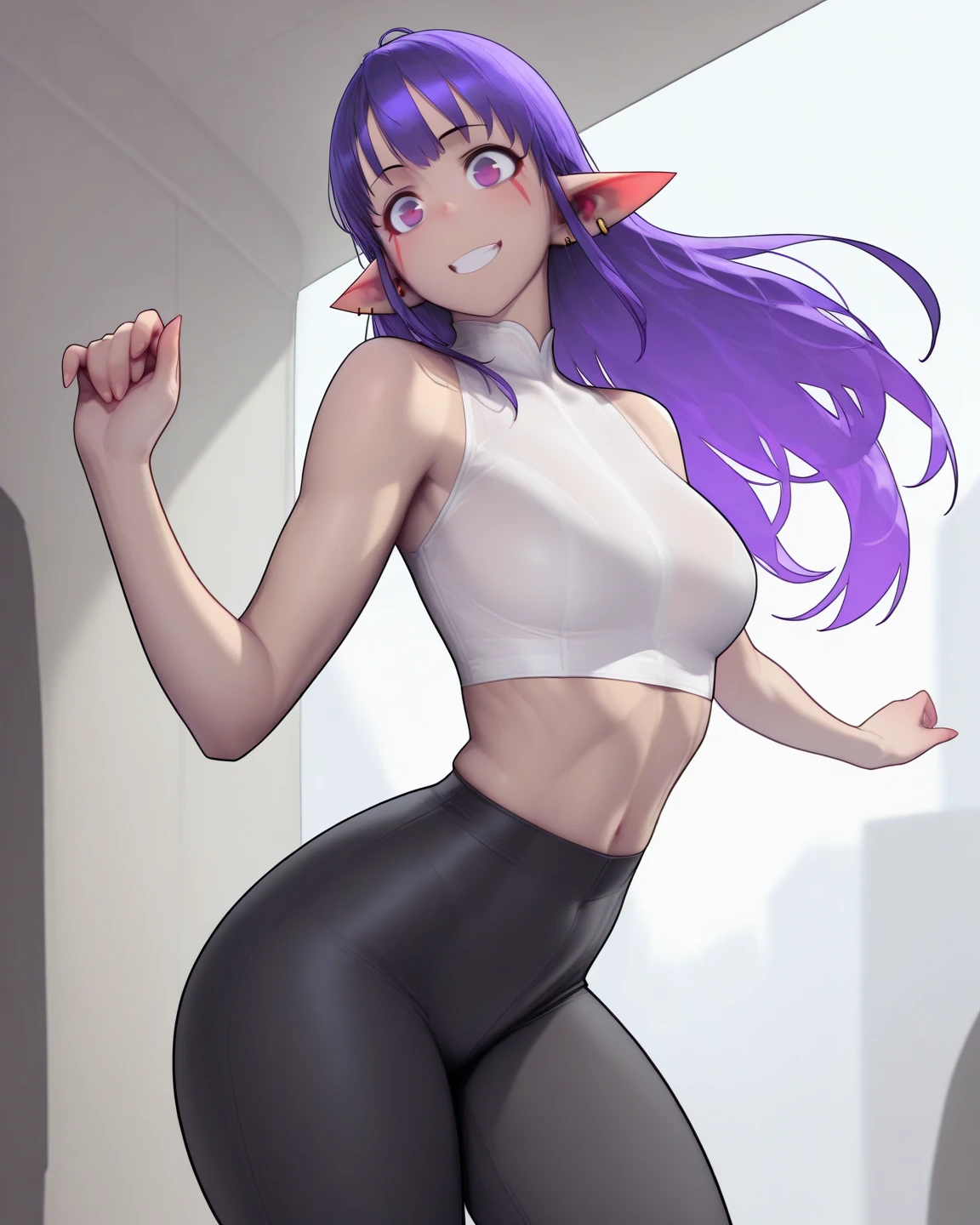 Kizi, long hair, purple hair color, Joyful expression, trans girl