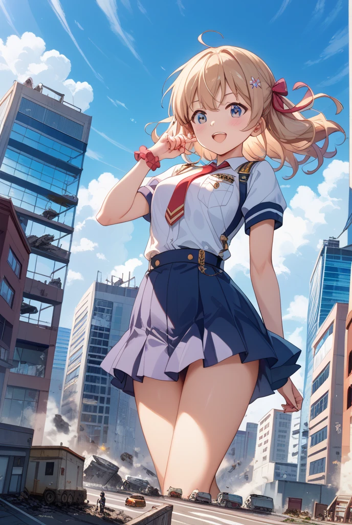 nsfw, (8k、Best image quality、Highest quality、masterpiece)、Detailed face、Detailed Background, Improve、A beautiful 18 year old woman, (Golden Hair:1.3), Short pigtails, (Brown eyes:1.2), (Short), flat chest, , (Short sleeve white shirt:1.5), (Sailor collar), (Red ribbon), (Navy blue pleated mini skirt:1.5), (White loose socks:1.3), (Black Loafers), Gold Necklace, Earrings, (Have a skirt), (grin:1.5), (Blushing:1.4), Squatting in front of the station, spread legs, A large crowd is watching, panties visible, (White micro panties:1.2), from front, full body, Peace sign with both hands