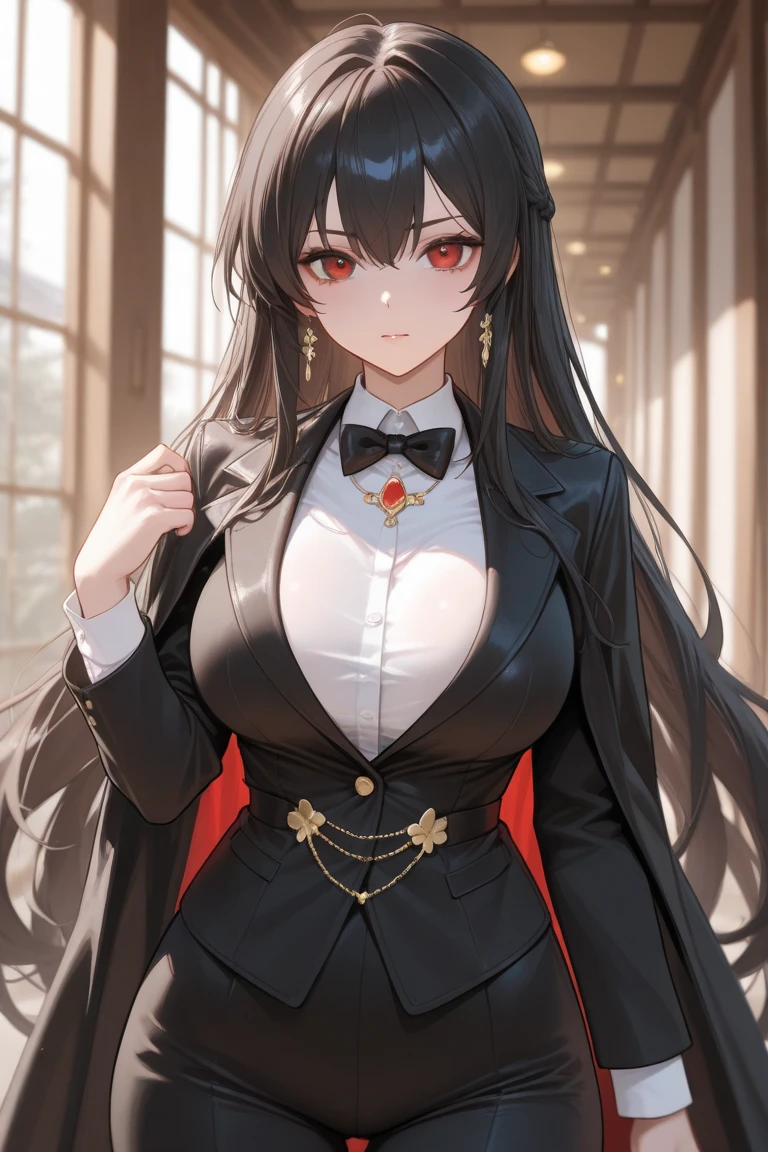 1 Girl, skirt,红色Ribbon, Ribbon, golden rose, Black long hair, Black long skirt, 红Eye, Looking at the audience,(Eye:Giving out cold eyes, Dark eyeshadow),(Mature and indifferent),(slim),  Black gloves, Red Jacket, masterpiece, best quality