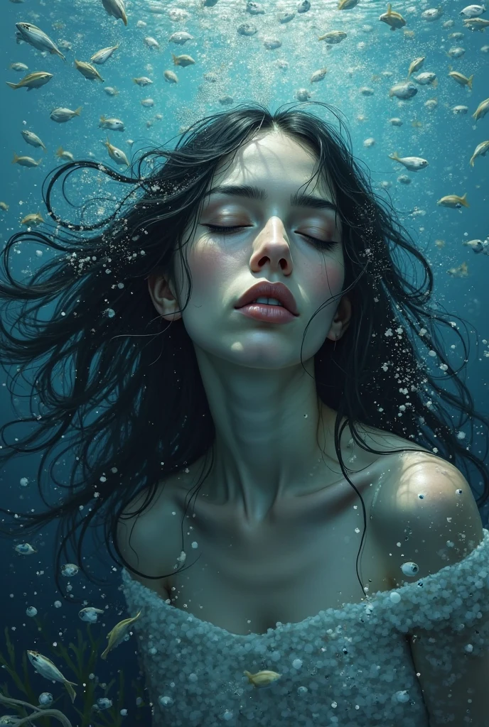 A painting of a long and black hair woman beneath the ocean. - SeaArt AI