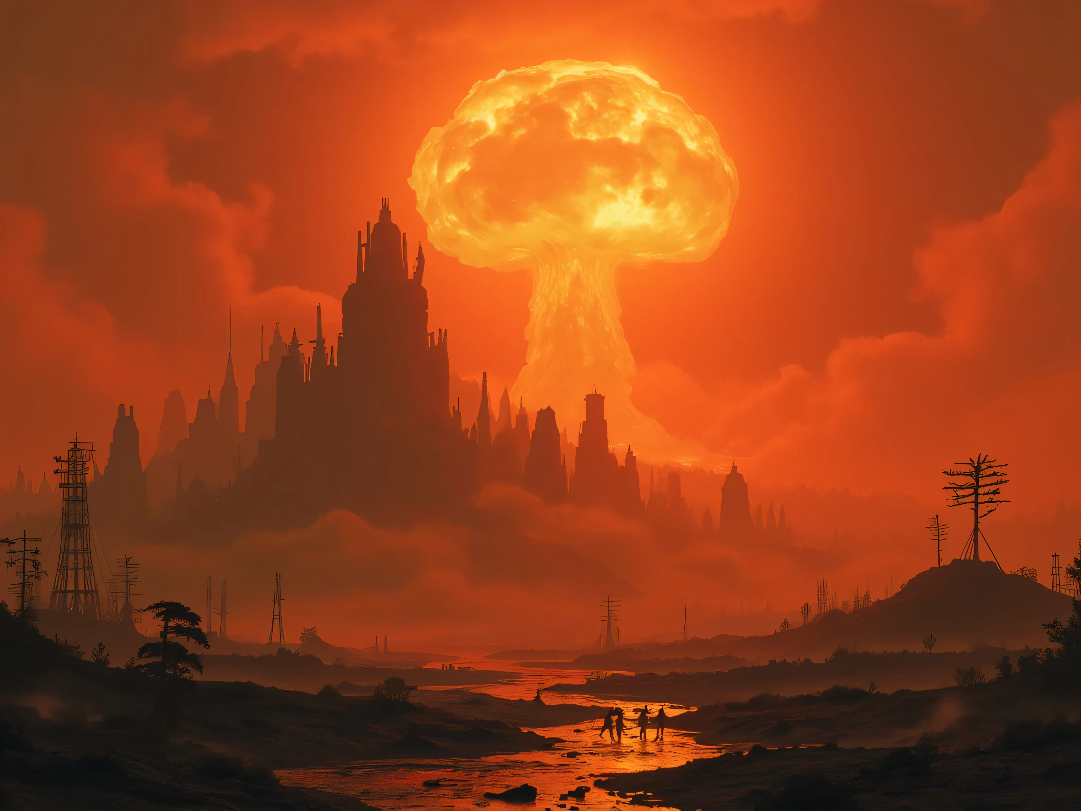 cA dramatic post-apocalyptic island engulfed in an eerie orange glow, with a massive mushroom cloud in the distance. The landscape is ruined, with abandoned structures and shadowy zombie-like figures lurking in the fog. Cinematic lighting, hyper-realistic, digital painting style, inspired by sci-fi movies and video games."