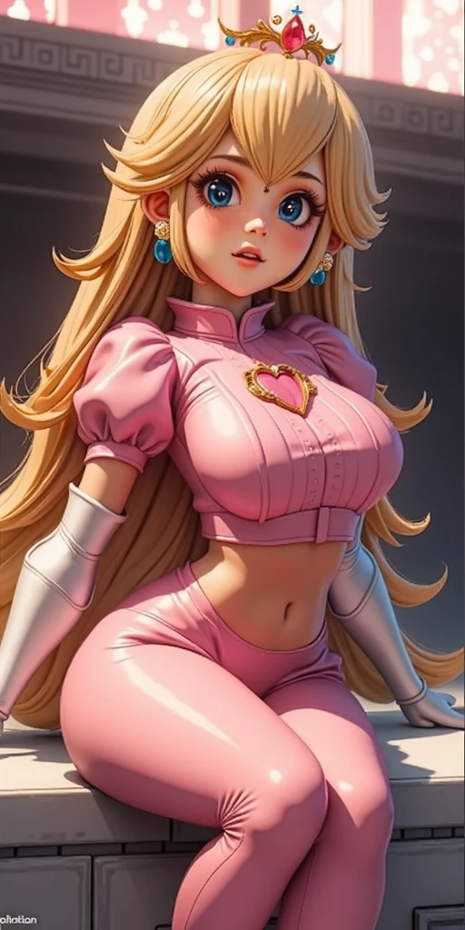 3dmm style, (Full body portrait), (masterpiece, top quality, best quality, blonde cornrows, realistic, downturned eyes, full lips, big lips, gothic makeup, black bandana, 1girl, best quality, intricate details, looking at viewer, ultra realistic 8k cg, picture perfect face, gold pupils, flawless, clean, masterpiece, professional artwork, famous artwork, film lighting, film Bloom, perfect face, beautiful face, beautiful eyes, skin spots, ((perfect female body, super-narrow waist, massive thighs, beefy quads, beefy calve muscles)), (legs spread apart), fitted design, hoop earrings, double breasted, hot pink acrylic nails, White Nike AirForce Ones, gold accents,
