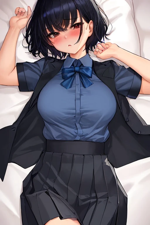 (8K、Highest image quality、highest quality、masterpiece)、detailed face、1 girl、gyaru、black hair、medium hair、diagonal bangs、((Covering eyes Pose:1))、evil smile、earrings、((big breasts))、((white shirt))、((open clothes))、((black pleated skirt))、((micro miniskirt))、((cardigan around waist))、cowboy shot、sit on bed、bedroom background