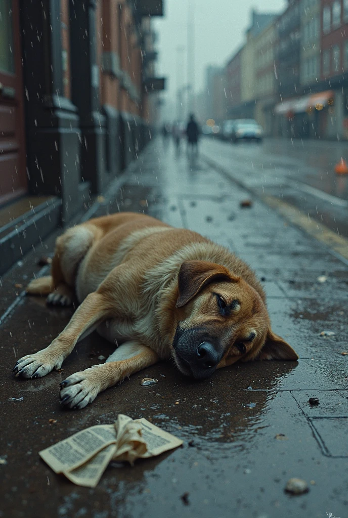creates the image of a wet stray dog sitting in the rain in a square and looking sad