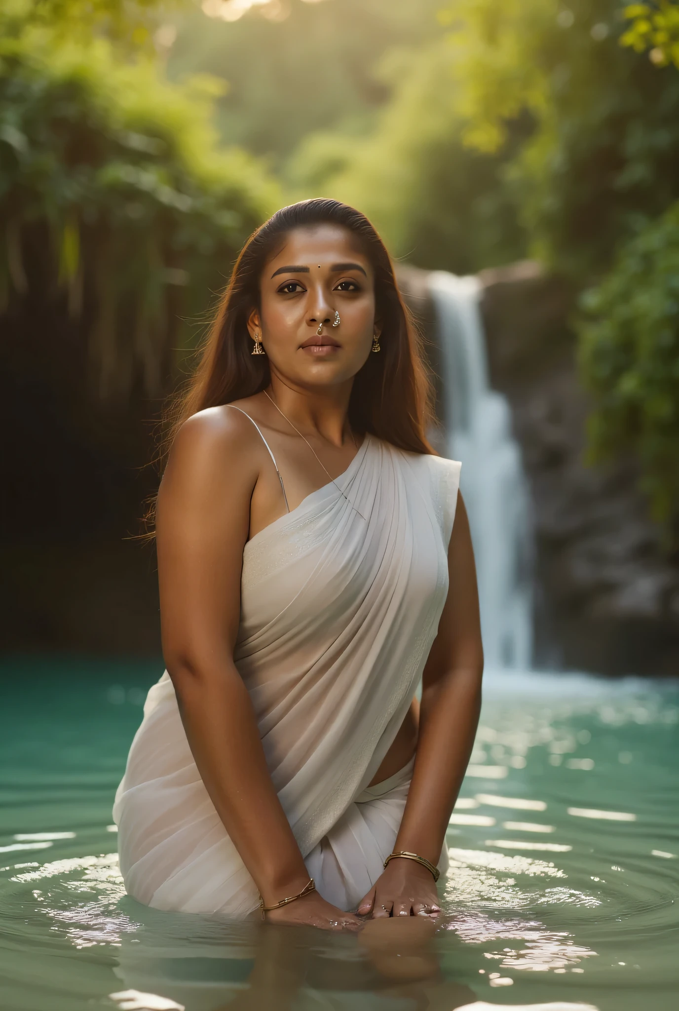 young thick indrani haldar with mature saggy breasts, a thin wet white saree without paalu around her body, bathing in a beautiful waterfall in the rainforest at golden hour, cinematic soft focus,