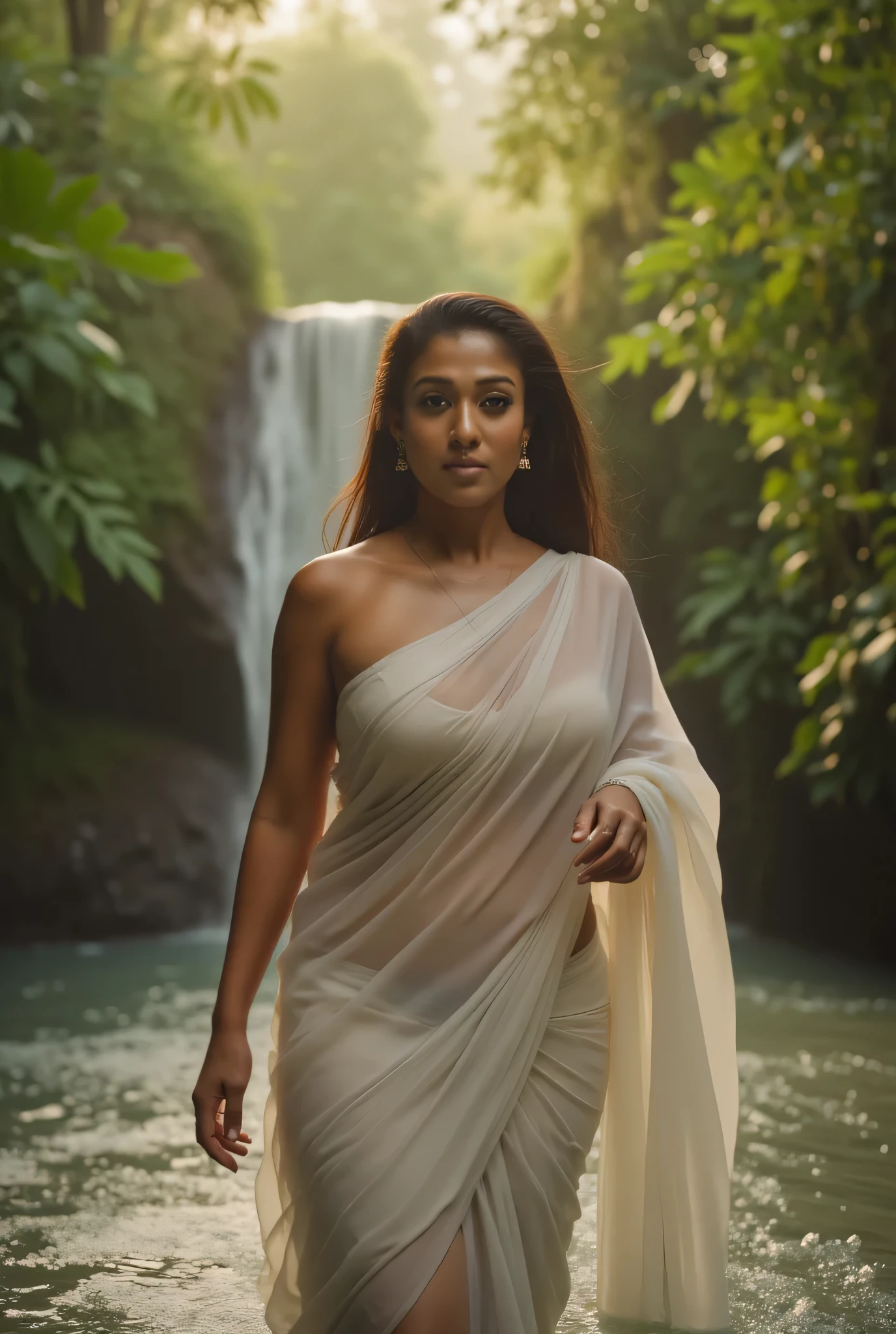 young thick indrani haldar with mature saggy breasts, a thin wet white saree without paalu around her body, bathing in a beautiful waterfall in the rainforest at golden hour, cinematic soft focus,