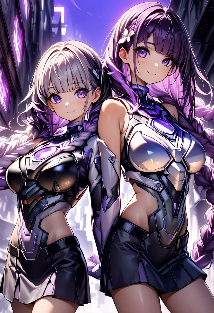 conjoined, 2heads, girl with two heads instead of one, 2head, cuerpo curvilineo, caderas anchas, brazos curvilineos, usando shorts, ropa abrigada, usando Cyberarmor, Cyberarmor, armadura futurista, armadura blanca, armadura que cubre los pechos, armadura con luces brillantes, bien sombreada, luces purpura de fondo, color fucsia de fondo, safe for work, armadura que cubre el torso, una cabeza besandose con la otra