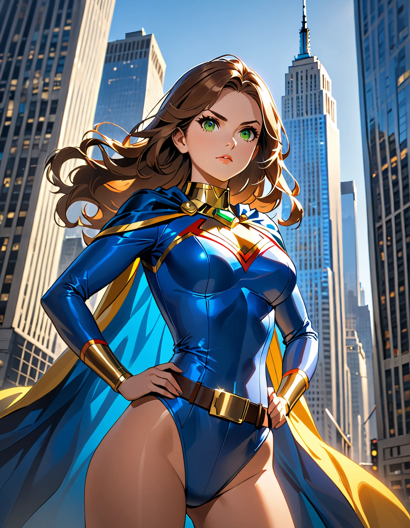 1girl, solo, cape, (yellow cape), gloves, (((cleavage cutout))), ((cleavage)), brown hair, elbow gloves, clothing cutout, leotard, blue eyes, weapon, boots, long hair, gun, handgun, breasts, belt, superhero, blue suit, (blue costume), makeup, lipstick, medium breasts, ((glowing eyes)), glowing, bare shoulders, bare legs, ice, , ((masterpiece))