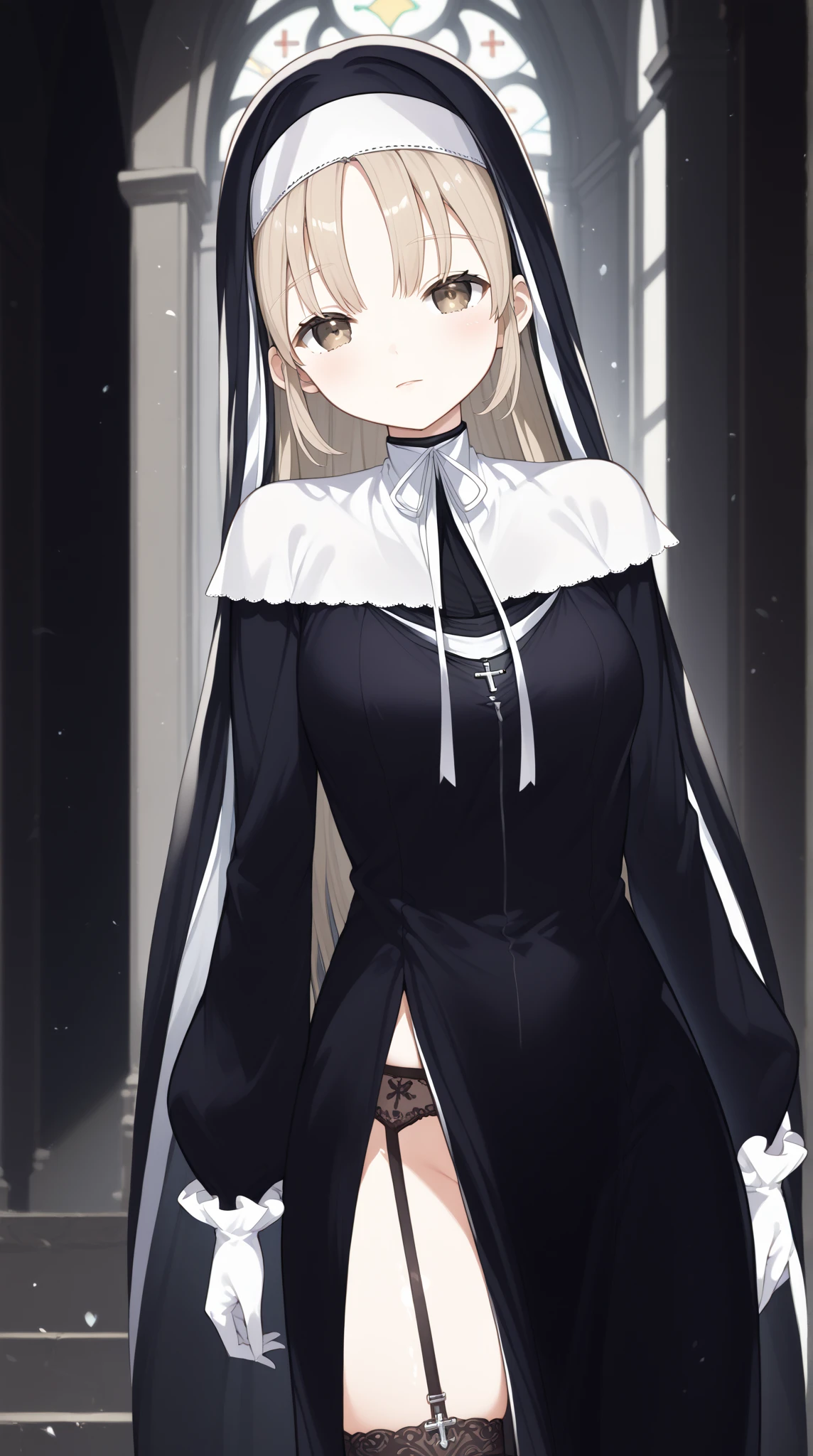 masterpiece, best quality, highres, aasister, long hair, nun, habit, white capelet, neck ribbon, (black dress:1.2), long sleeves, white gloves, full-length zipper, church, indoors, kneeling, arms behind back,,looking viewer,thigh gap,thigh,short dress,(((black lace panties))),socks