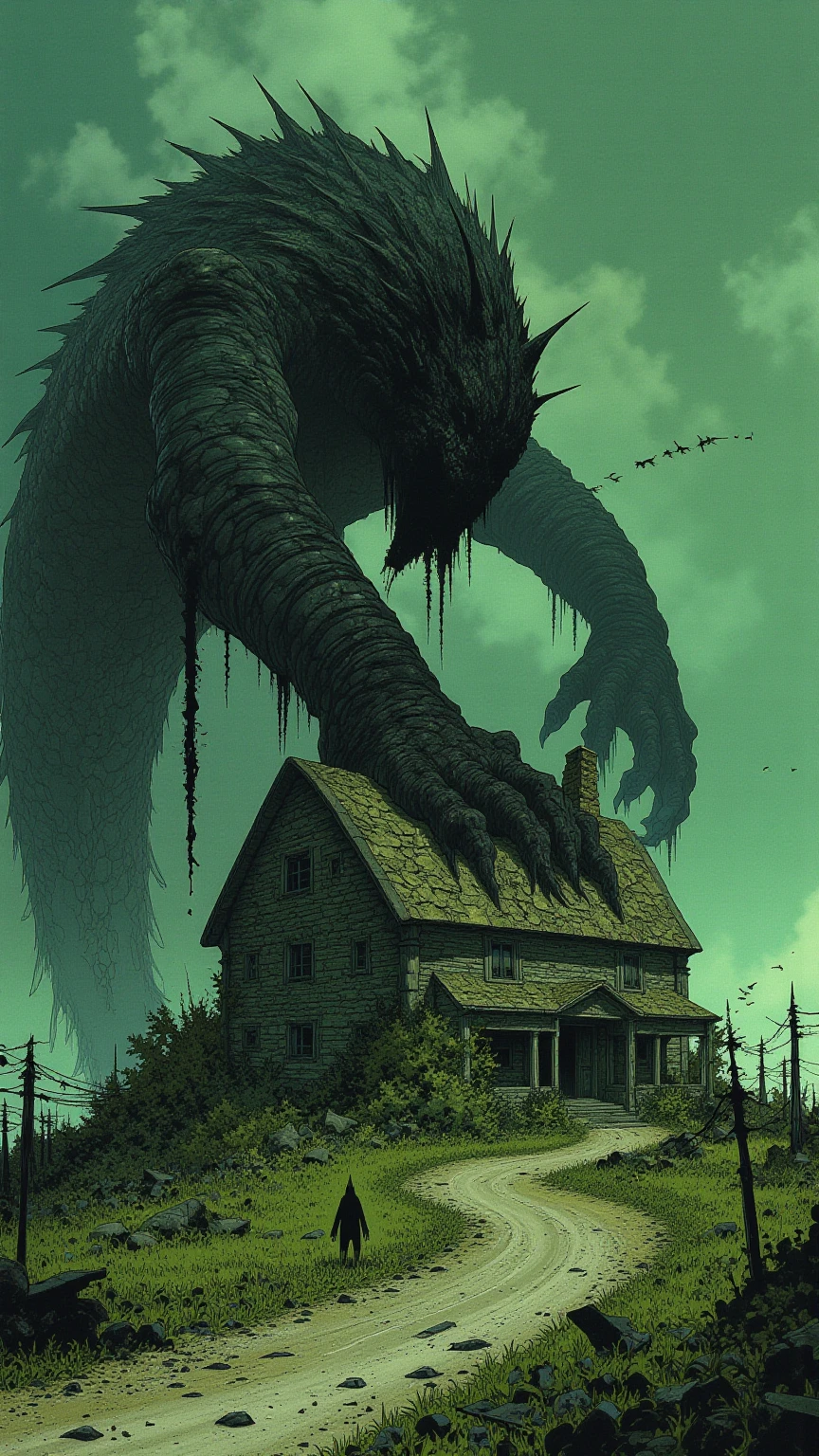 Giant creature covering weathered house, Giant limbs crushing the roof、Debris is scattered,{X} Giant creature covering weathered house {X} There is a silhouette of a person standing on a winding dirt road nearby, Eerie cloudy sky、Flock of birds flying in the distance,Highly unrealistic scene,Abundant greenery and rural scenery,Menacing presence of beast and sharp contrast,Creates a dramatic and unsettling atmosphere,Large monster straddling house、Crawling on all fours,Inspiration by Steven Coidl, Monster Concept Art, creature concept art,  Nostalgic conceptual art by Nevercrew ,   horror conceptual art  ,Firing monster, 隠れている不吉な生き物details,  Giant spiritual creature , Venom and Cthulhu miX ,  Lovecraft background  ,  Lovecraft Cosmic Fear ,  怖いdetailsカラーアート ,    Lovecraft Myths    , Lovecraft inspired,    Lovecraft Horror   , anatomically correct,  very detailsed,  details , Low-saturated illustration 