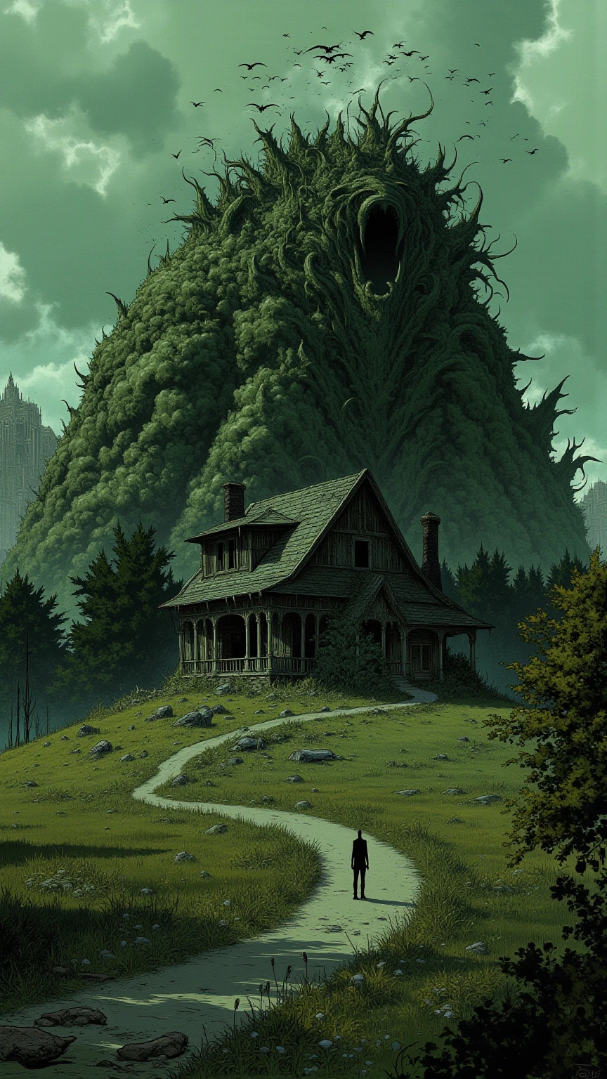 Giant creature covering weathered house, Giant limbs crushing the roof、Debris is scattered,{X} Giant creature covering weathered house {X} There is a silhouette of a person standing on a winding dirt road nearby, Eerie cloudy sky、Flock of birds flying in the distance,Highly unrealistic scene,Abundant greenery and rural scenery,Menacing presence of beast and sharp contrast,Creates a dramatic and unsettling atmosphere,Large monster straddling house、Crawling on all fours,Inspiration by Steven Coidl, Monster Concept Art, creature concept art,  Nostalgic conceptual art by Nevercrew ,   horror conceptual art  ,Firing monster, 隠れている不吉な生き物details,  Giant spiritual creature , Venom and Cthulhu miX ,  Lovecraft background  ,  Lovecraft Cosmic Fear ,  怖いdetailsカラーアート ,    Lovecraft Myths    , Lovecraft inspired,    Lovecraft Horror   , anatomically correct,  very detailsed,  details , Low-saturated illustration 
