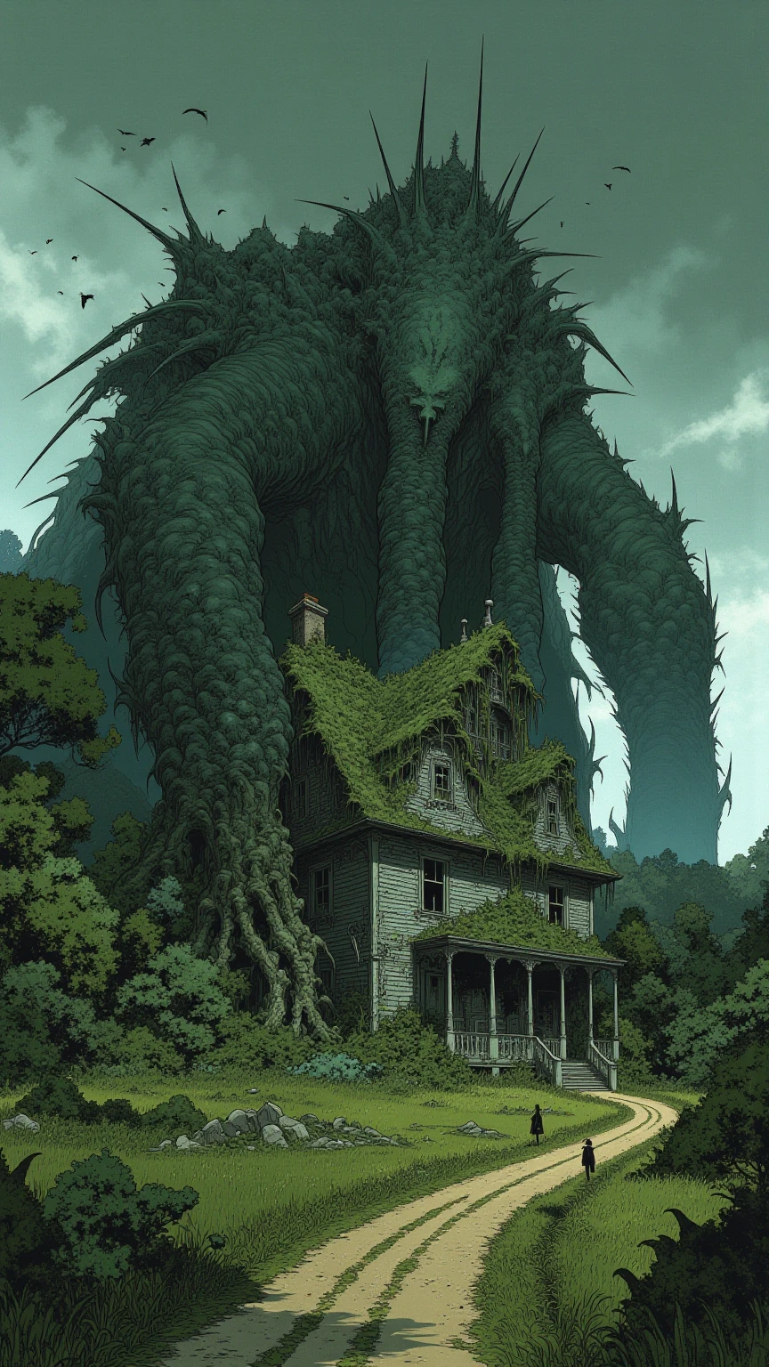 Giant creature covering weathered house, Giant limbs crushing the roof、Debris is scattered,{X} Giant creature covering weathered house {X} There is a silhouette of a person standing on a winding dirt road nearby, Eerie cloudy sky、Flock of birds flying in the distance,Highly unrealistic scene,Abundant greenery and rural scenery,Menacing presence of beast and sharp contrast,Creates a dramatic and unsettling atmosphere,Large monster straddling house、Crawling on all fours,Inspiration by Steven Coidl, Monster Concept Art, creature concept art,  Nostalgic conceptual art by Nevercrew ,   horror conceptual art  ,Firing monster, 隠れている不吉な生き物details,  Giant spiritual creature , Venom and Cthulhu miX ,  Lovecraft background  ,  Lovecraft Cosmic Fear ,  怖いdetailsカラーアート ,    Lovecraft Myths    , Lovecraft inspired,    Lovecraft Horror   , anatomically correct,  very detailsed,  details , Low-saturated illustration 