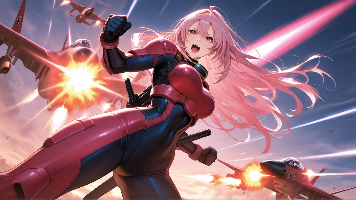 zero two \(darling on franxx\), darling on franxx, 1girl, fringe, bite, from behind, lying down, bed, shadow, green eyes, horns, long hair, looking at the viewer, small breasts, big ass, makeup, red bodysuit, pink hair, red eyeshadow, tight skin, solo