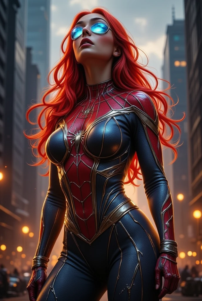 Spider-Woman, a bold and agile heroine around 30 years old, flaunts her curvaceous figure with ample bosom. Her jet-black costume perfectly complements her long, curly red hair that cascades down her broad shoulders. Her piercing green eyes are focused and determined, as she stands before a mirror, adjusting her iconic web-shooters on her wrists.