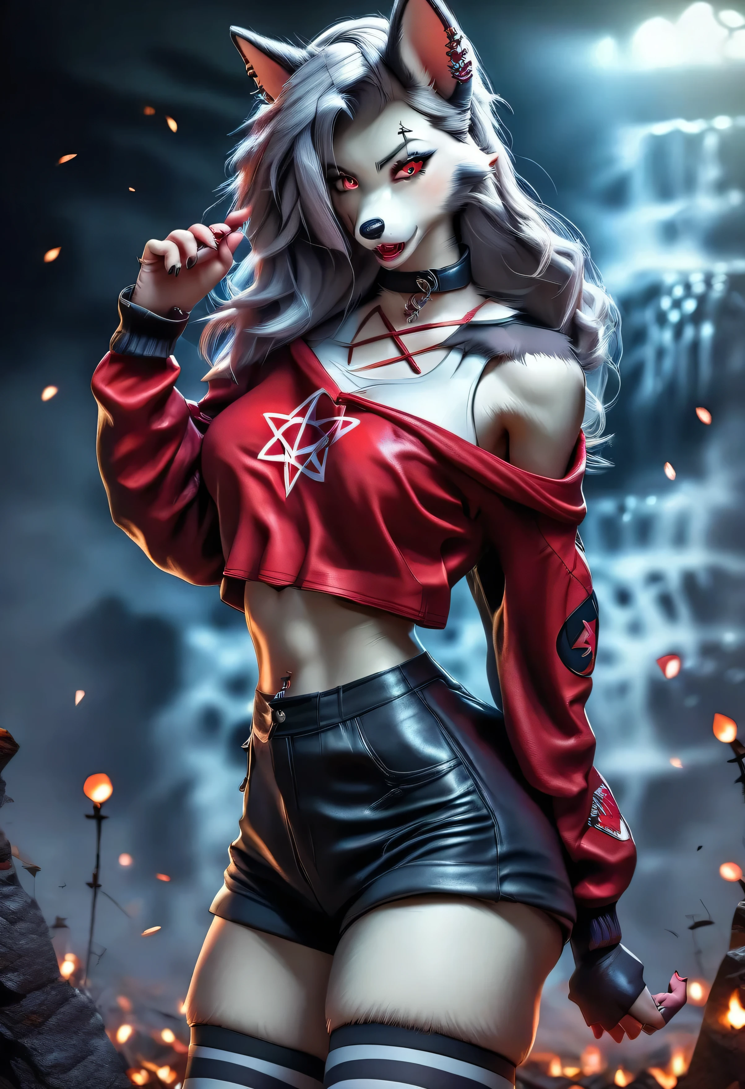 (loona:1.2), human, tan skin, silver gray hair, (loonacroptop, loonashorts, crop top, shirt, topwear, shorts, bottomwear, pentagram:1.2), black sneakers, thighhighs, stockings, legwear, fingerless gloves, ear piercing, ear ring, eyebrow piercing, eyebrow ring, (red eyes:1.5), (hellhound), hell, hell theme, hell background, (realistic:1.2), (masterpiece:1.2), (full-body-shot:1.2),(Cowboy-shot:1.2), neon lighting, dark romantic lighting, (highly detailed:1.2),(detailed face:1.2), (gradients), colorful, detailed eyes, (detailed landscape:1.2), (natural lighting:1.2),(detailed background), detailed landscape, (glamour pose:1.2), solo,
