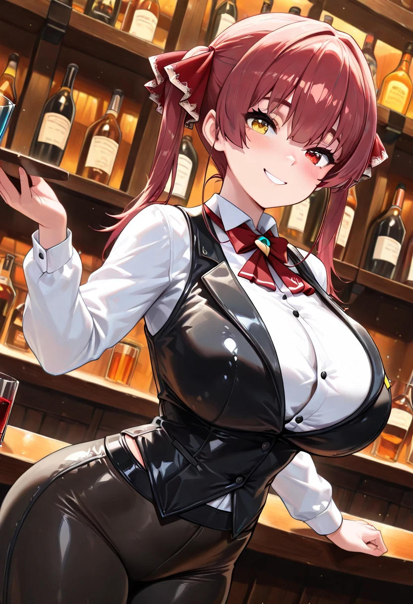 highest quality、Nice sexy body、One Woman、solo、(Beautiful busty woman:1.5)、Medium hair woman、((Pink haired woman))、Bunny girl、(ピンク色のBunny girlハイレグレオタードを着た女性)、A woman wearing brown pantyhose、Woman wearing a pink bow tie、Smiling woman、Stylish bar、bar counter、A liquor shelf with many wines lined up