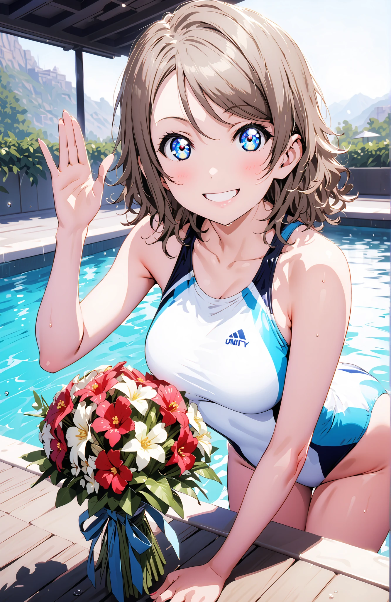 solo, 1 girl, Watanabe, short hair, medium breasts, Hair,blue eyes,smile,blush,grinning,
competitive swimsuit,standing,Bare legs,She is holding a bouquet of flowers with her left arm,is in a salute pose with his right hand,プールサイドにstanding,noon,,break indoors,Swimming Pool,
break looking at viewer,full body,
break (masterpiece:1.2), best quality, high resolution, Unity 8k 壁紙, (illustrations:0.8), (beautiful detailed eyes:1.6), Highly Detailed Face, perfect lighting on the table, extremely detailed CG, (perfect hand, perfect anatomy),,