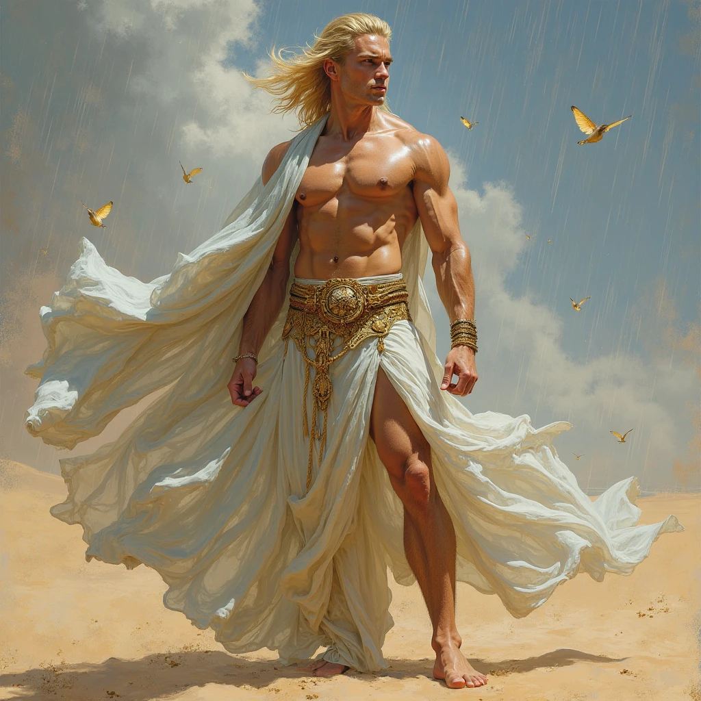 (an incredibly beautiful),(best illumination, golden light, brightly shining),(a handsome hugely muscular tanned warrior man with a tiny waist and tattoos over his whole body),(surrounded by voluminous sheer transparent turquise gauze fabric:1.2),(naked:1.5),(walking over dunes),(gazing), alluring stance