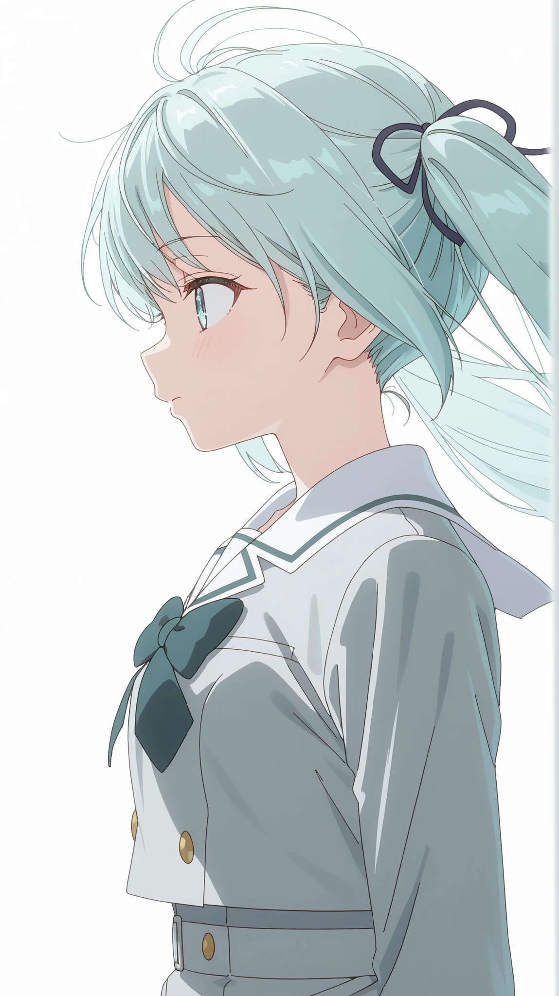 ultra high definition, simple white background, cute girl , light Aqua hair ,straight short haire school uniform, side profile with twin-tails,strong wind, hair fluttering