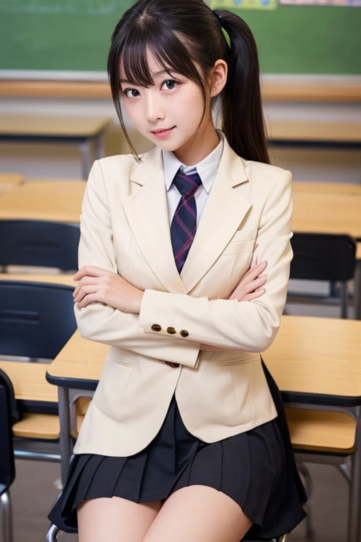 (8k, RAW Photos, highest quality), Stand in the classroom of school, (((((((One woman))))))), ((Brown Hair)), ((Semi-long hair)), ((Detailed eyes)), ((smile)), ((White blouse)), ((tie)), (((Dark blue closed blazer))), (((A blue plaid pleated miniskirt that wraps around the hips))), Asymmetrical bangs, 少しのsmile, Thighs, knees, Random pose,pretty girl,Slender girl
