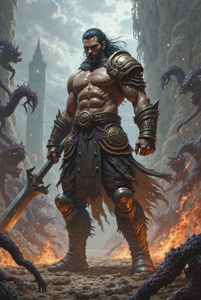 (Best Quality,4k,hight resolution,Masterpiece:1.2), Ultra-detailed, Realistic: Snake Man, artful, Strong, muscular, long straight smooth hair, snake eyes,, sharp facial features, Intimidating Presence, complex scales on the body, intense gaze, Majestic aura, dynamicpose, dramatic  lighting, Dark and mysterious atmosphere, mythical creature, Fantasy art, bright colours, GENRE: Dark Fantasy, concept artist, Oil Painting Style, surreal, Epic.