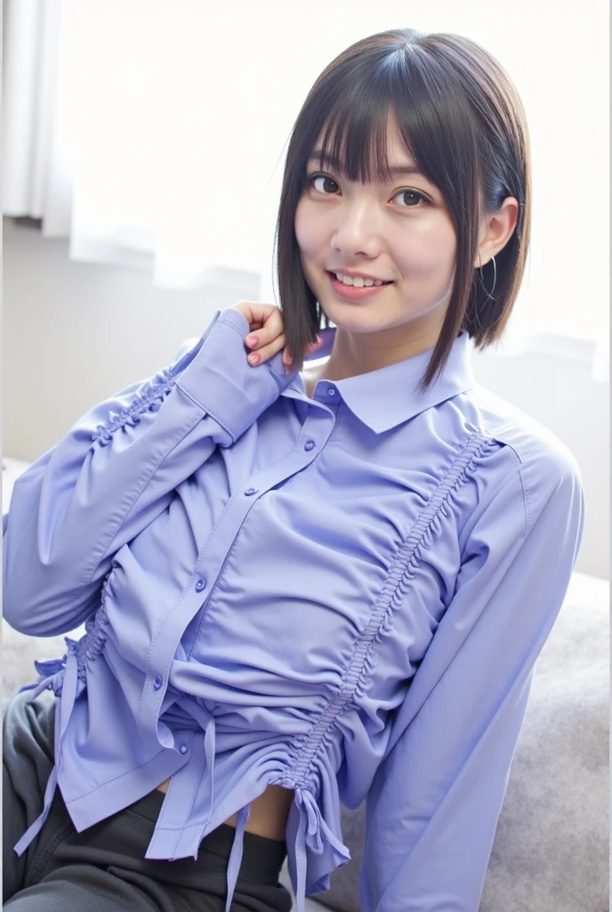 (((leaning forward:1,bent over))),Inside a suit shop,(The skin is wet from sweat),Wearing a shirt:1.2,Suits lined up,looking at the camera,Cleavage,smile,Skirt Lift、Lift your skirt with your hands,woman, 20-year-old, Short Hair、bangs、(Plain suit skirt),(White lace panties)、Cute earrings,Natural lighting