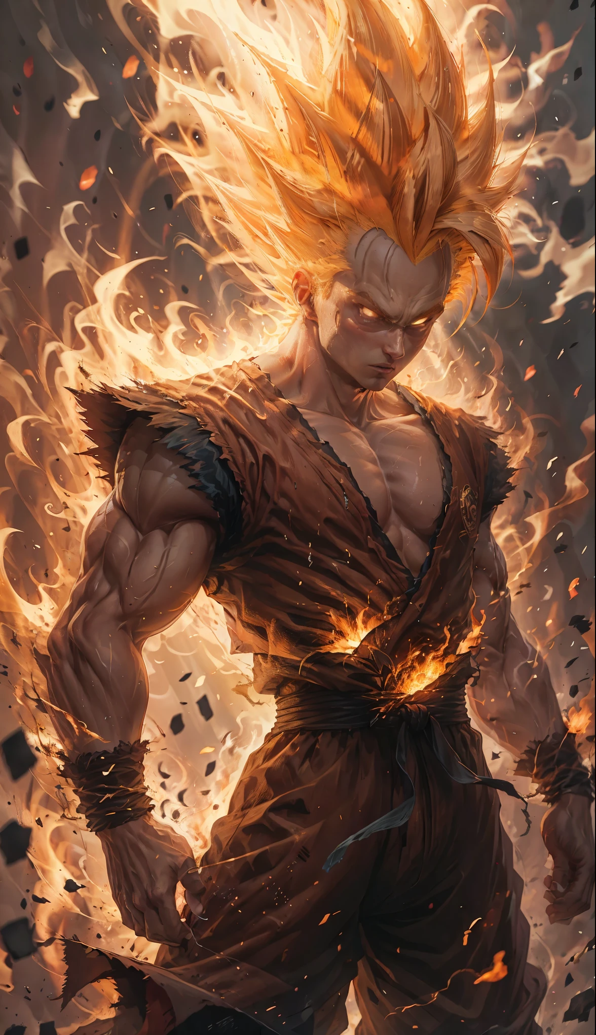 Super Saiyan un,1 garçon,nom de l'artiste,aura,cheveux blonds,poing serré,poing serrés,débris,Dougi,électricité,braise,feu,gants,lumineux,concentration masculine,musculaire,fond orange,Seul,cheveux hérissés,debout,dents,vêtements déchirés,veines,
