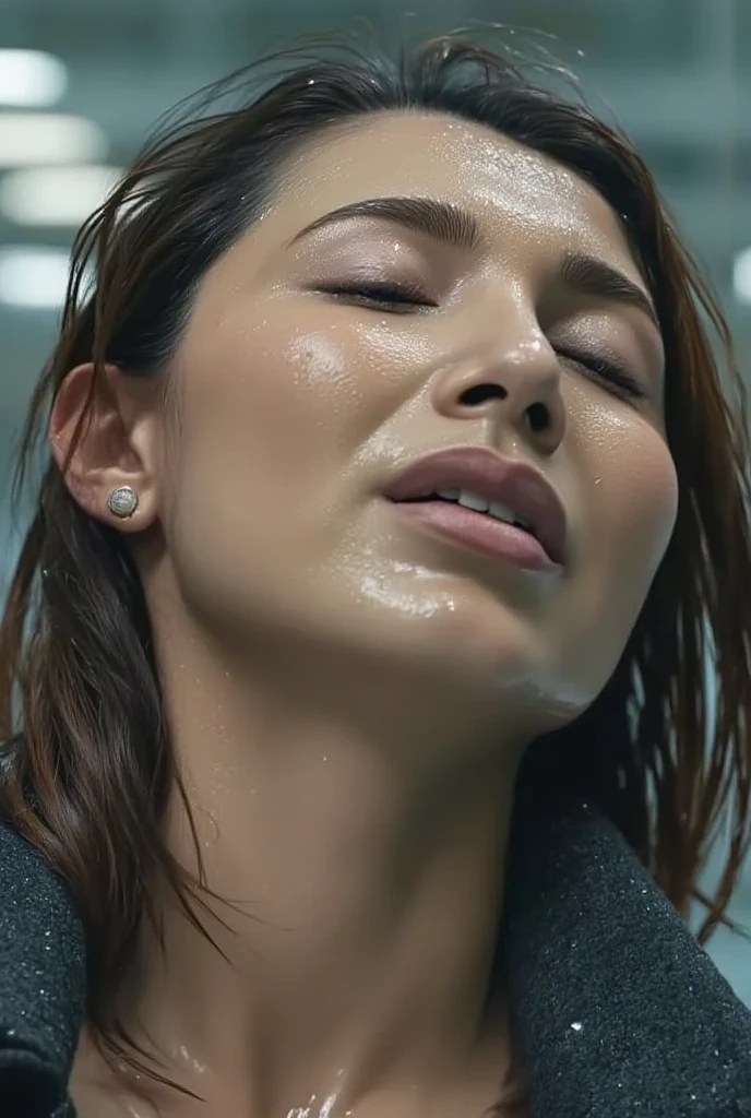 One girl,Pieces fly,,Award-winning photography, Very detailed, Edge Orgasm,Face Focus, (Woman with open mouth and closed eyes ), 30 years old、Black Hair、Shiny skin、Face close-up,From below、Realistic nostrils、Long and narrow nasal cavity,、train、(train車内)、congestion、Are standing、((suit))、Big Breasts、tears、Crying face、Screaming facial expression,Sweaty、Sweaty skin,