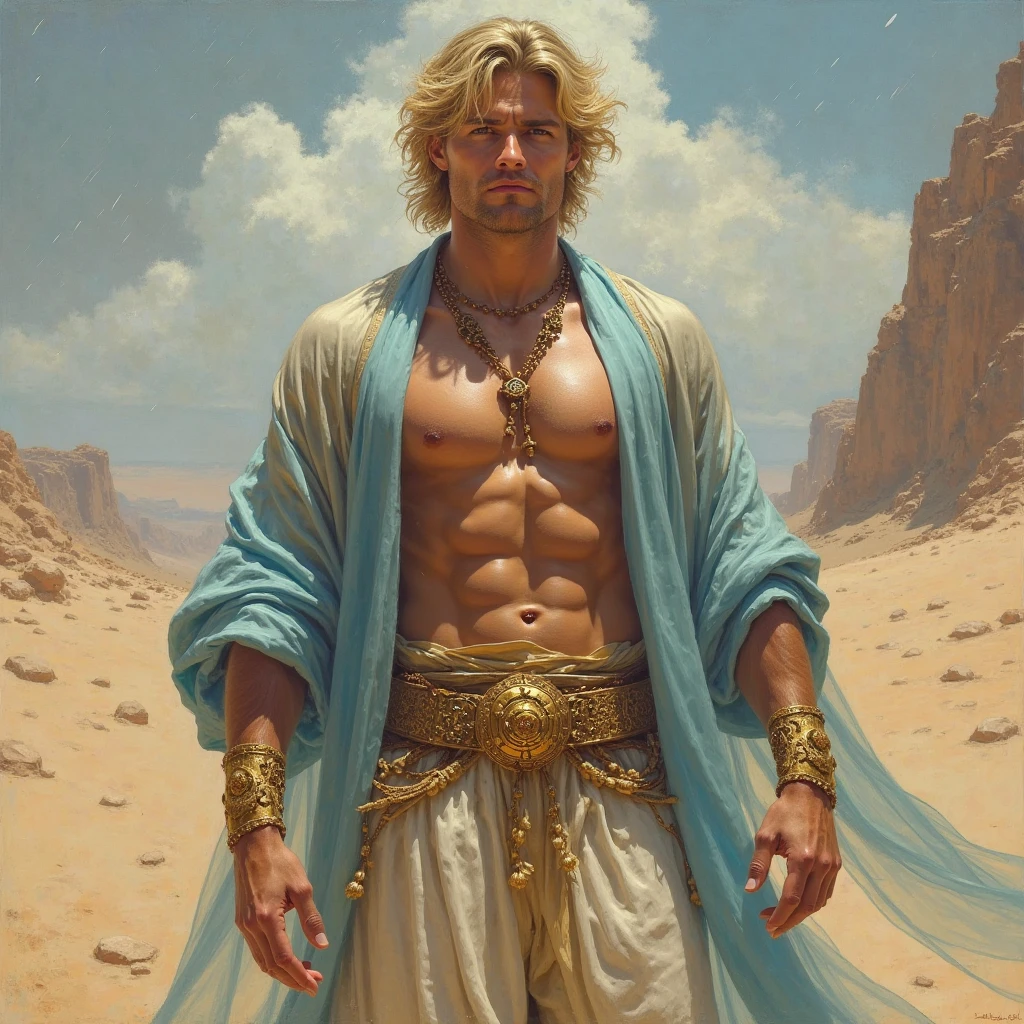 (an incredibly beautiful),(best illumination, golden light, brightly shining),(a handsome hugely muscular tanned warrior man with a tiny waist and tattoos over his whole body),(surrounded by voluminous sheer transparent turquise gauze fabric:1.2),(naked:1.5),(bronze arm armour),(walking over dunes),(gazing), alluring stance