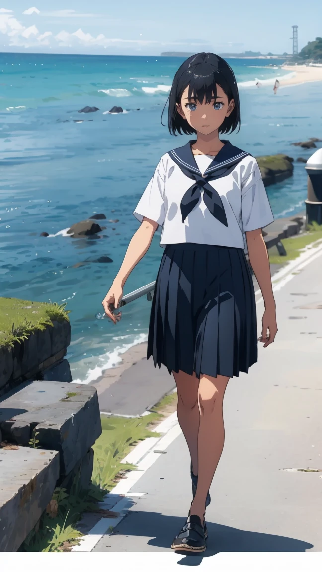 Kofune Mio,white sailor suit,black pleated skirt,Seaside