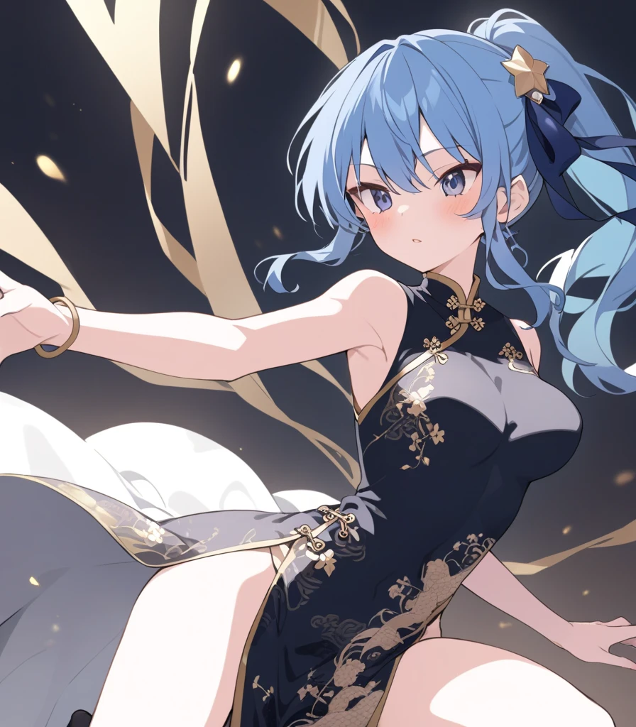 (Masterpiece), (Top Quality Anime Illustration), (Super Definition), One Girl, Solo, Beautiful Girl with Silver Hair, Anime Loli, Cat Ear Loli, Light Blue Miniskirt Cheongsam, See-through, Sleeveless, Smile, Cleavage Emphasis, Side Breasts with Bare Skin Visible, Open Stance, Thighs, Butt Protruding, Ass Focus