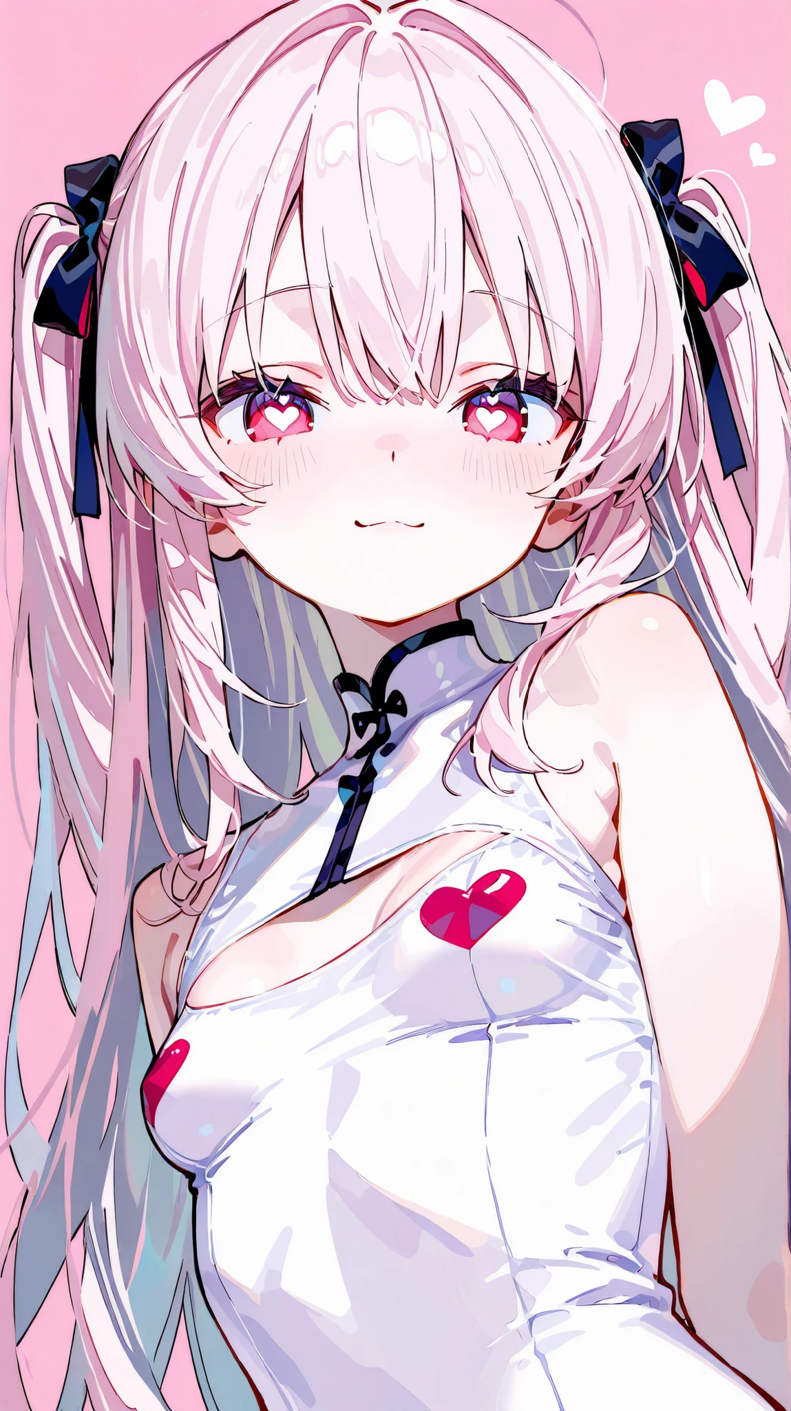 perfect anatomy, upper body angle:1.7, 20 year old cute girl、very white skinned girl、 cute eyes from the right 、 shaped pupils {x} seriousness is visible、❤Shaped student 、heart-shaped eyes、 cute face、small breasts、thin waist、light pink background