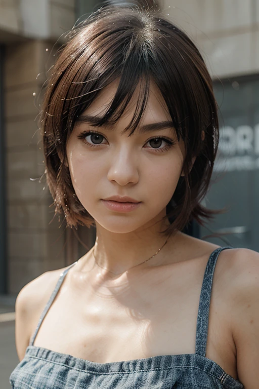 Upper body close-up、(Realistic、Like a photograph、Live Action、8K, Realistic, RAW Photos, Best image quality: 1.4), Single-lens reflex camera、RAW Photos, Highest quality, Realistic, Very detailed CG Unity 8k wallpaper, Written boundary depth, Cinematic Light, Lens flare, Ray Tracing, Realistic background、(Bust Top:1.4、hot pants:1.4、Small breasts、(Small breasts:1.3)、Reinforced Body、Abdominal muscles)、((Silver Inner Color Hair:1.1))、((Sunburned skin))、 female,Cute Japanese Woman、gal、((whole body:1.5))、short hair、Shortcuts、I like that style、stylish、Very detailed、Pay attention to the details、Perfect outfit、(Tanned dark skin)、Beautiful feet:1.1、Accurate Arm、standing on the Beach、Beach、blue sky、View from below