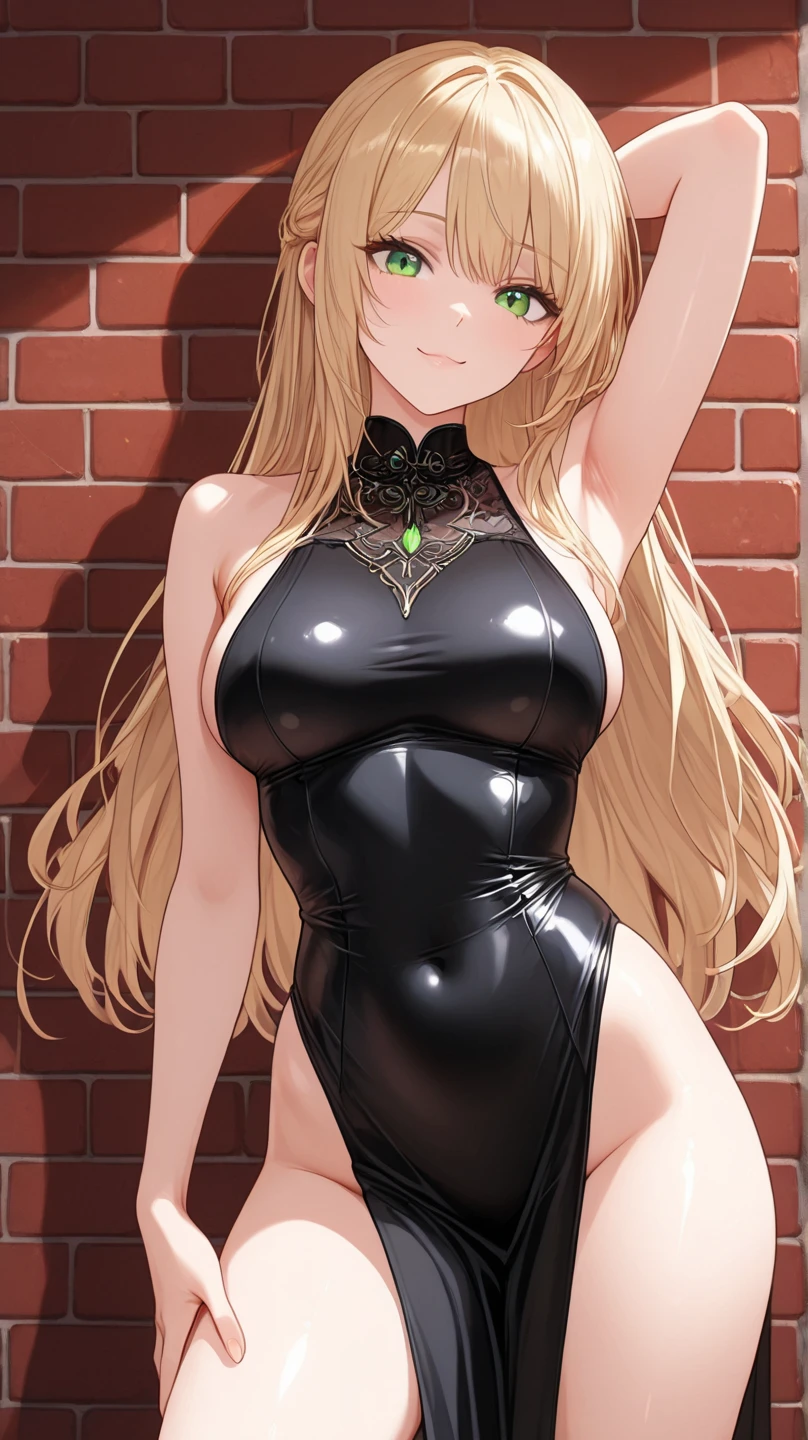 1girl, (Blue Eyes), (smiling :1.2), (Sana Minatozaki), wide hips, Big tits, big ass, (thin waist: 1.2), (thick and toned thighs), (Best Quality, 8k, Masterpiece: 1.3), Clear Focus: 1.2, Perfect Body Beauty: 1.4, strong abs, Highly detailed face and skin texture, detailed eyes, double eyelids, (blond long hair :1.2), erection, testicles, (huge penis, huge testicles:1.1), nsfw, latex clothing, black latex leotard, (dominatrix :1.2), standing, dynamic pose, in a hotel room