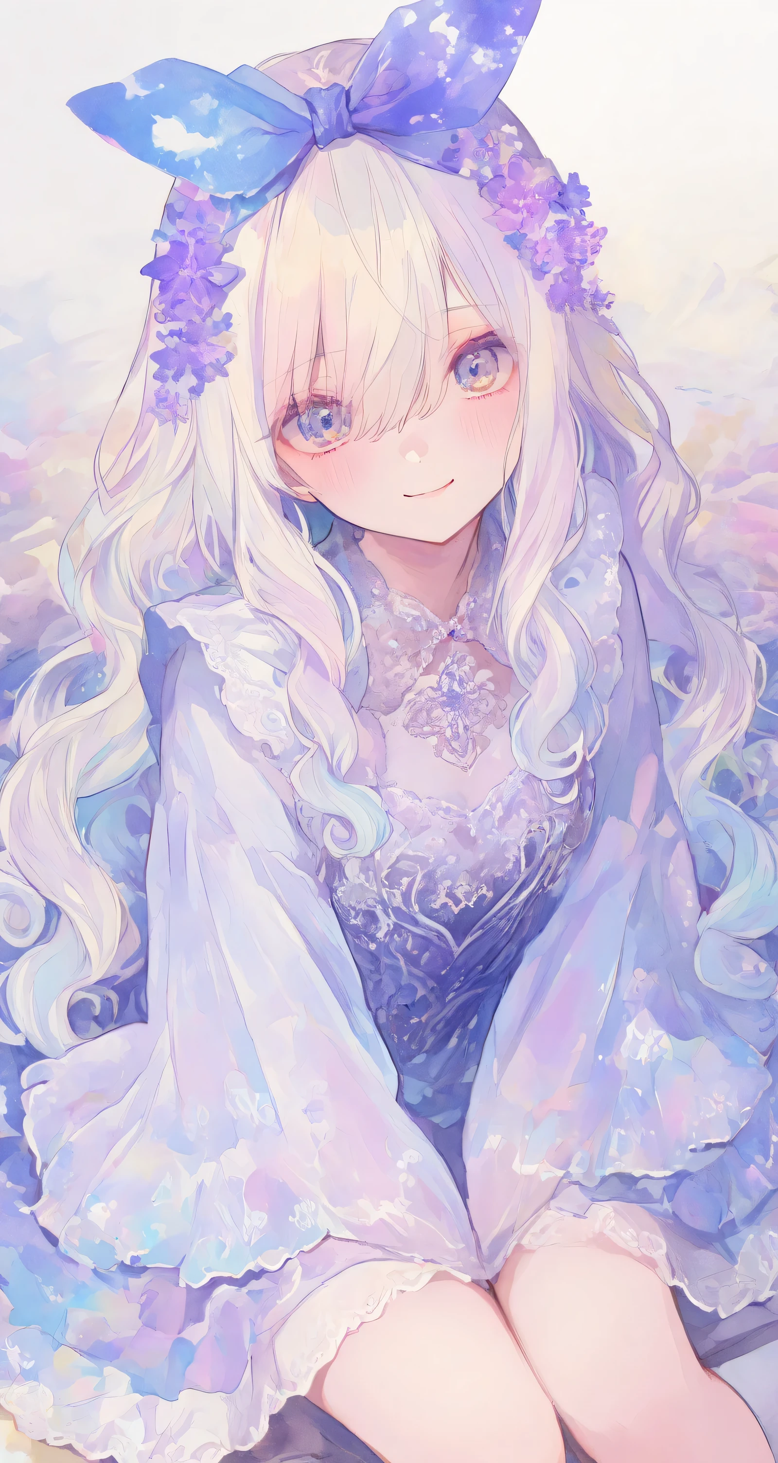 chibi: 1.2, cute: 1.2, cute eyes: 1.2, soft: 1.2. smile, (: 1.5) ((masterpiece, details: 1.2)) (best quality), (masterpiece: 1.2), (colorful: 0.9), (Color Scattering), (watercolor), sharp concentration, high resolution, (anime style: 1.1), ((best quality)), (Super details), (beautiful), alone, white hair, Natural curly hair and blue eyes, I'm wearing a purple lace crystal dress, long, wide sleeves, wears a, cute, Purple flowers on her head, masterpiece, best image quality, best quality, Alice in Wonderland costume, colorful long blond hair, colorfulな目, top-down perspective , is sitting, 背景は紫のwatercolor画風